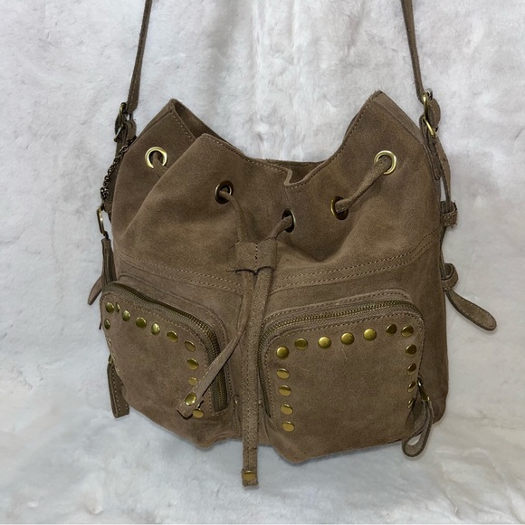 Crown Vintage Suede Drawstring Satchel Handbag. Brown with Gold Stud Accents - Picture 9 of 15